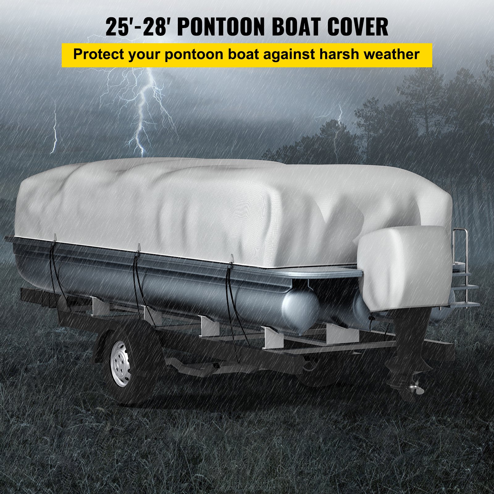 VEVOR Pontoon Boat Cover, Fit for 25'-28' Boat, Heavy Duty 600D Marine Grade Oxford Fabric, UV Resistant Waterproof Trailerable Boat Cover w/ 2 Support Poles and 7 Wind-proof Straps, Gray