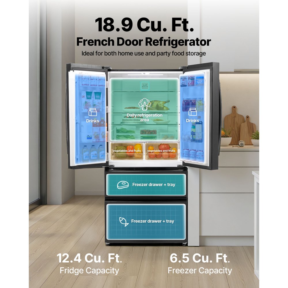 VEVOR French Door Refrigerator, 18.9 Cu. Ft. Kitchen Fridge, Counter Depth French Refrigerator with LED Display and 4 Casters, Frost-Free Bottom Freezer Refrigerators for Home & Commercial Use, Black