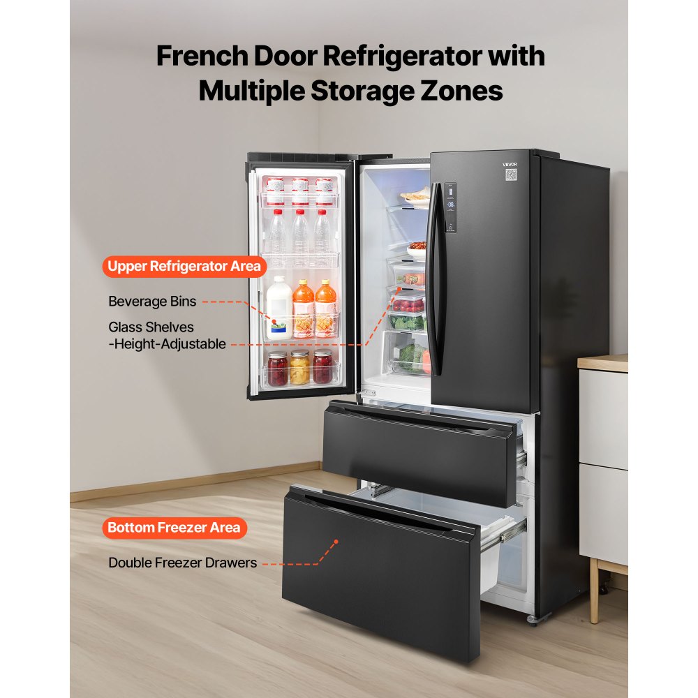 VEVOR French Door Refrigerator, 18.9 Cu. Ft. Kitchen Fridge, Counter Depth French Refrigerator with LED Display and 4 Casters, Frost-Free Bottom Freezer Refrigerators for Home & Commercial Use, Black