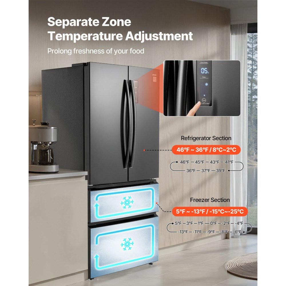 VEVOR French Door Refrigerator, 18.9 Cu. Ft. Kitchen Fridge, Counter Depth French Refrigerator with LED Display and 4 Casters, Frost-Free Bottom Freezer Refrigerators for Home & Commercial Use, Black