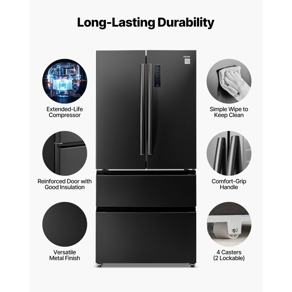 VEVOR French Door Refrigerator, 18.9 Cu. Ft. Kitchen Fridge, Counter Depth French Refrigerator with LED Display and 4 Casters, Frost-Free Bottom Freezer Refrigerators for Home & Commercial Use, Black