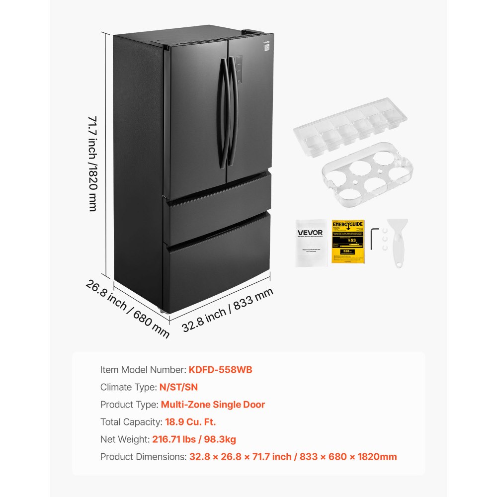 VEVOR French Door Refrigerator, 18.9 Cu. Ft. Kitchen Fridge, Counter Depth French Refrigerator with LED Display and 4 Casters, Frost-Free Bottom Freezer Refrigerators for Home & Commercial Use, Black