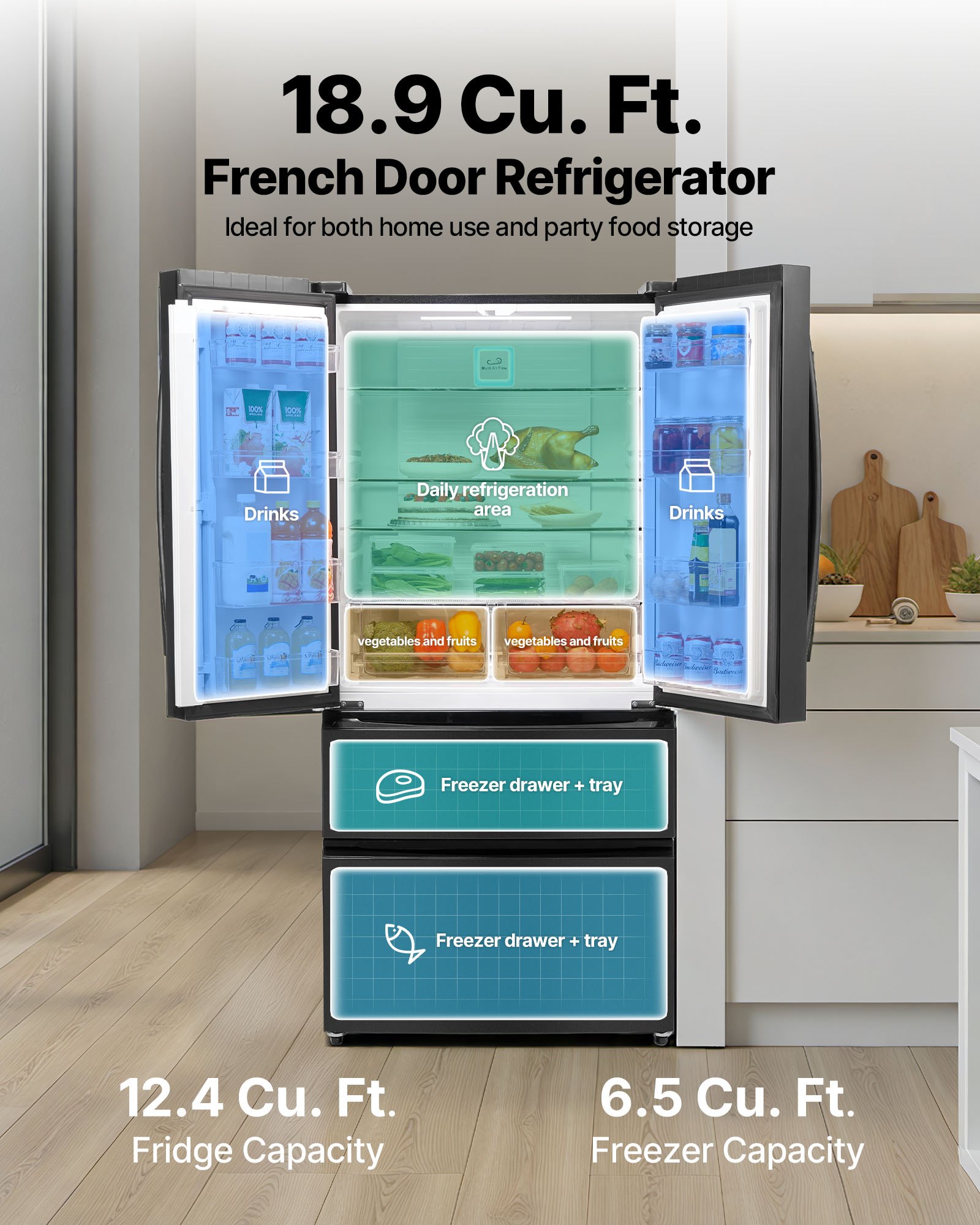 VEVOR French Door Refrigerator, 18.9 Cu. Ft. Kitchen Fridge, Counter Depth French Refrigerator with LED Display and 4 Casters, Frost-Free Bottom Freezer Refrigerators for Home & Commercial Use, Black