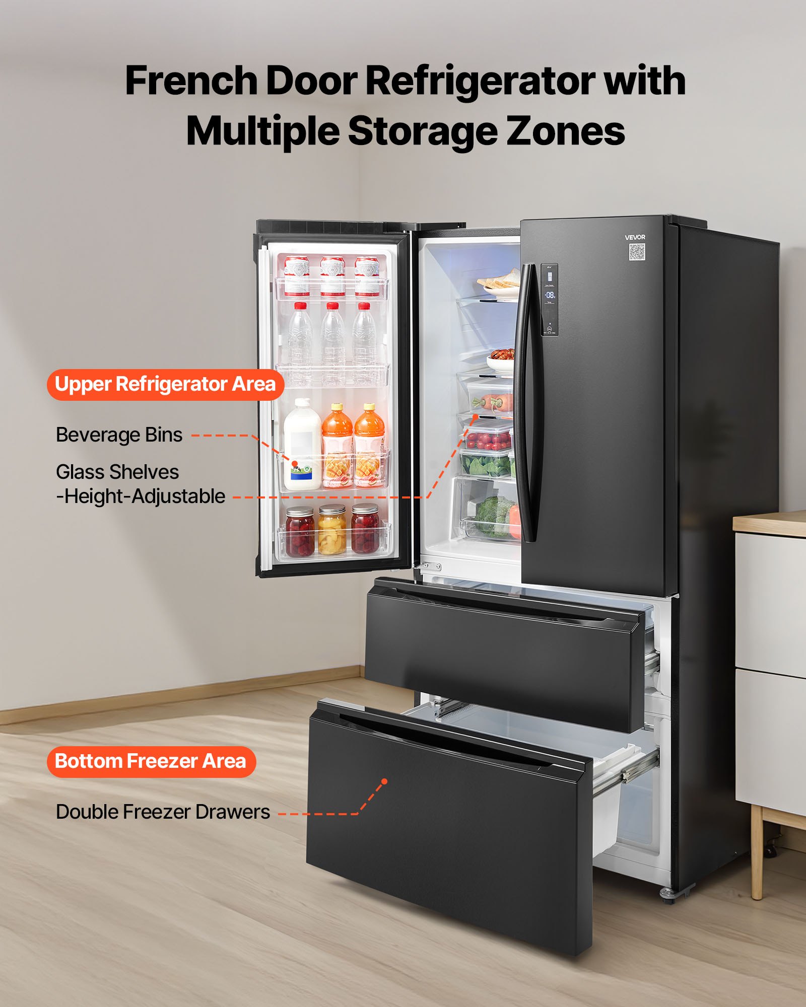 VEVOR French Door Refrigerator, 18.9 Cu. Ft. Kitchen Fridge, Counter Depth French Refrigerator with LED Display and 4 Casters, Frost-Free Bottom Freezer Refrigerators for Home & Commercial Use, Black