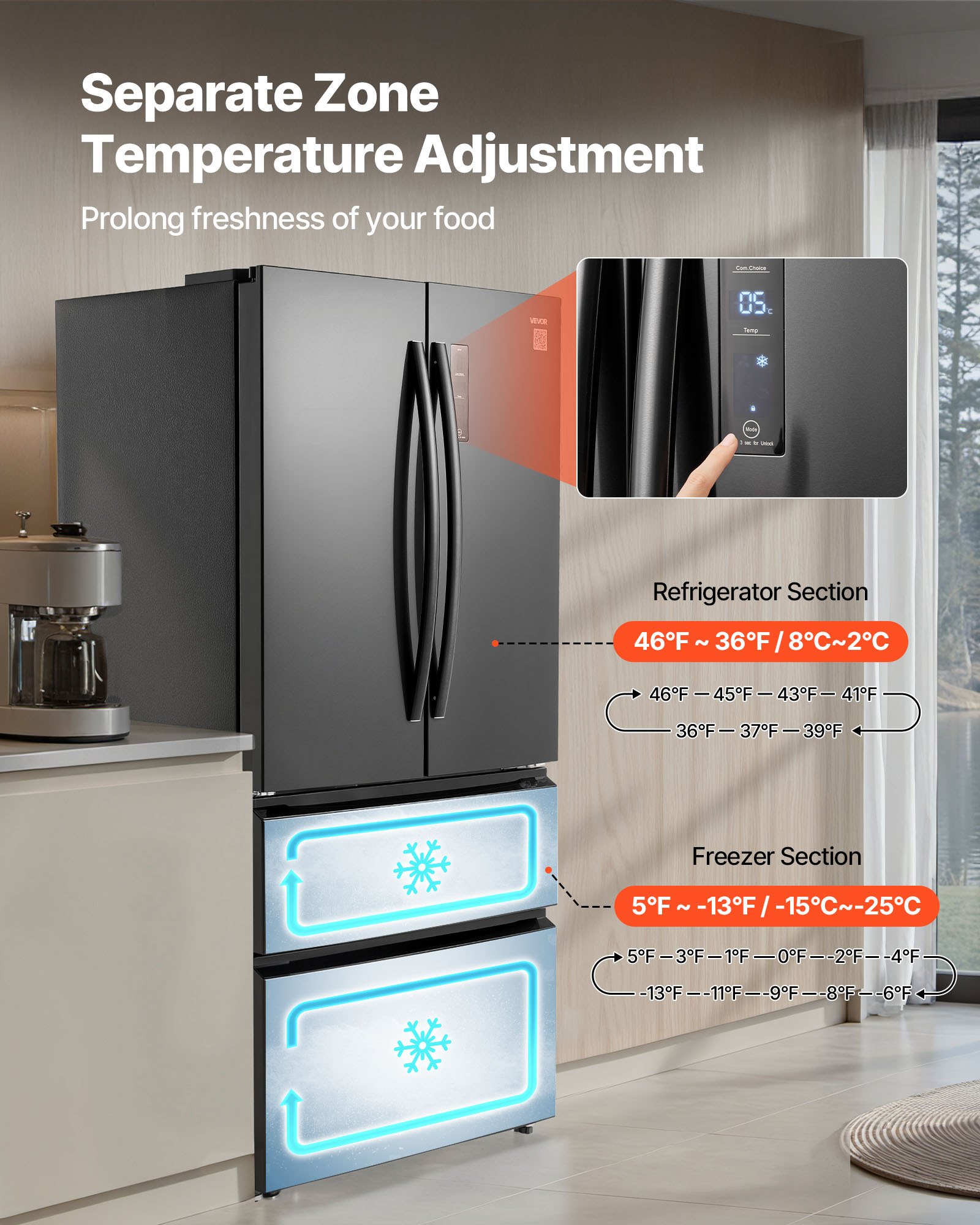 VEVOR French Door Refrigerator, 18.9 Cu. Ft. Kitchen Fridge, Counter Depth French Refrigerator with LED Display and 4 Casters, Frost-Free Bottom Freezer Refrigerators for Home & Commercial Use, Black