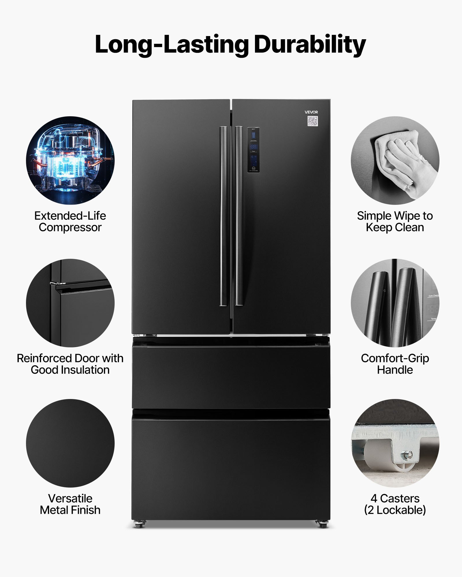 VEVOR French Door Refrigerator, 18.9 Cu. Ft. Kitchen Fridge, Counter Depth French Refrigerator with LED Display and 4 Casters, Frost-Free Bottom Freezer Refrigerators for Home & Commercial Use, Black