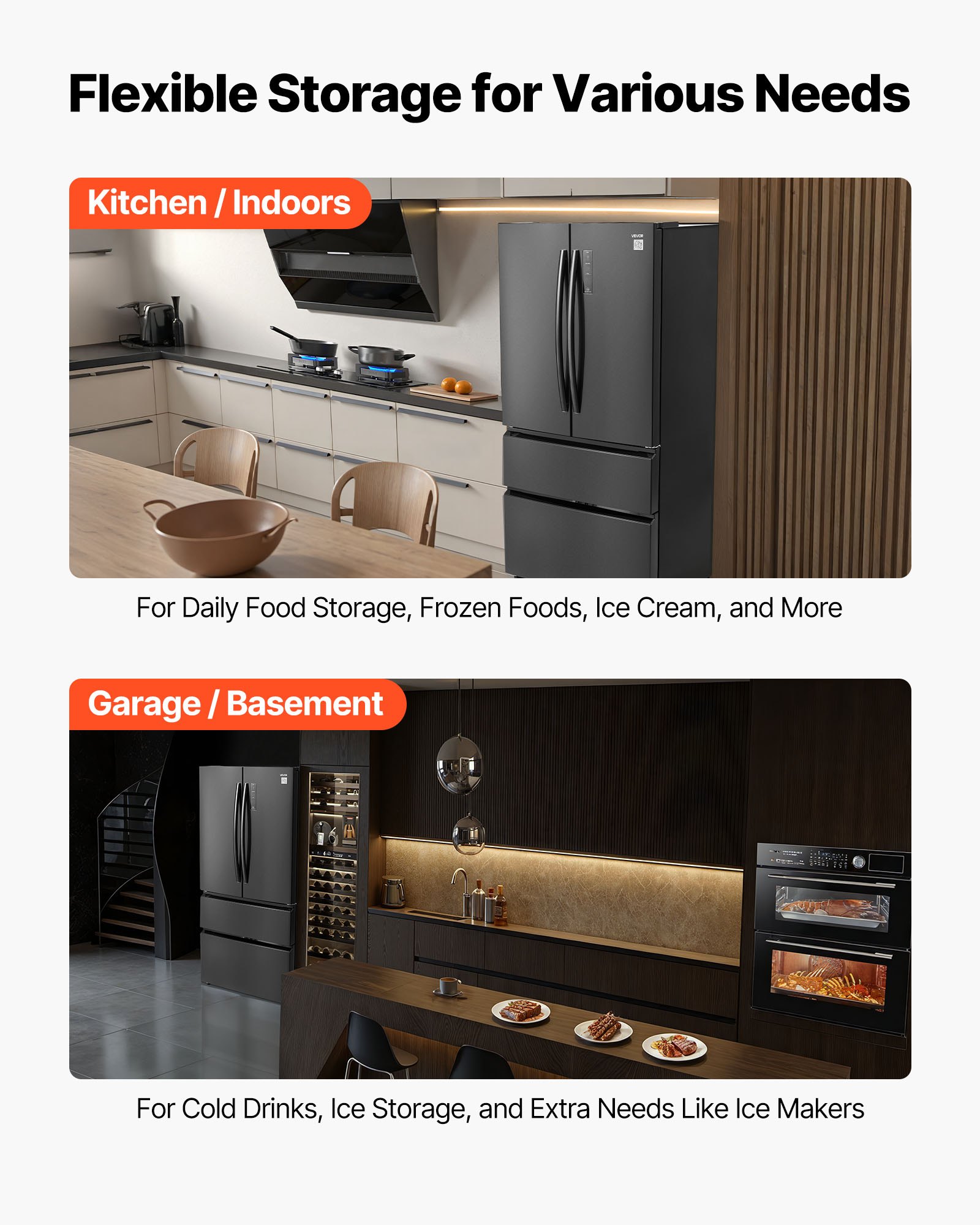 VEVOR French Door Refrigerator, 18.9 Cu. Ft. Kitchen Fridge, Counter Depth French Refrigerator with LED Display and 4 Casters, Frost-Free Bottom Freezer Refrigerators for Home & Commercial Use, Black