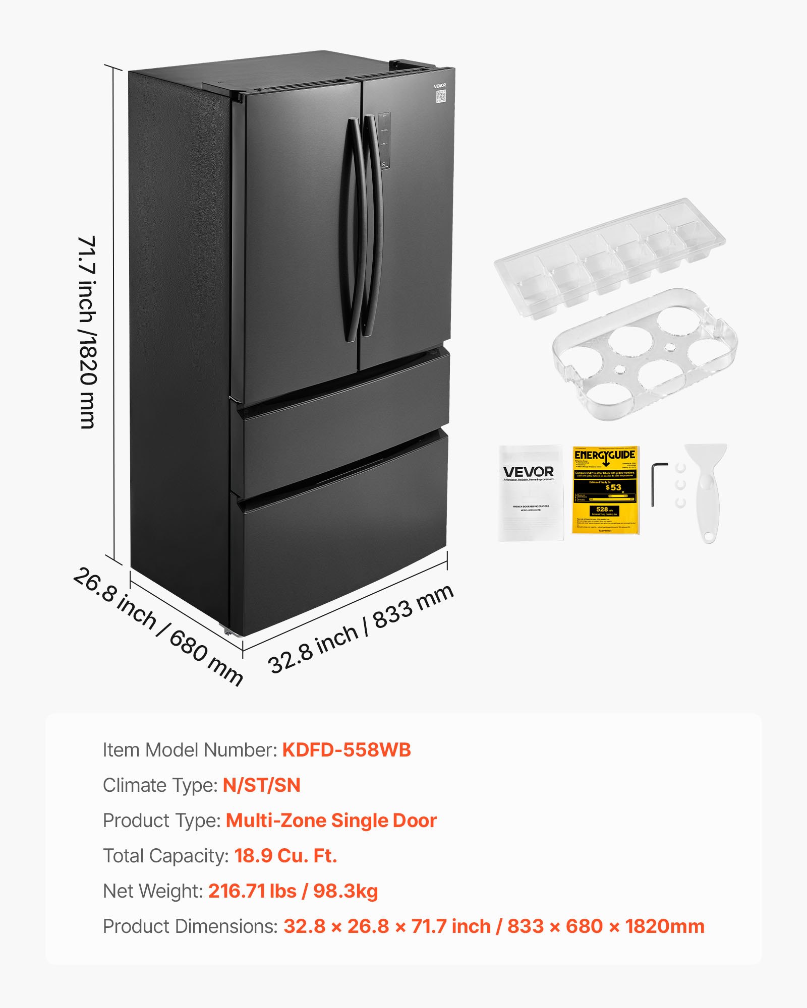 VEVOR French Door Refrigerator, 18.9 Cu. Ft. Kitchen Fridge, Counter Depth French Refrigerator with LED Display and 4 Casters, Frost-Free Bottom Freezer Refrigerators for Home & Commercial Use, Black