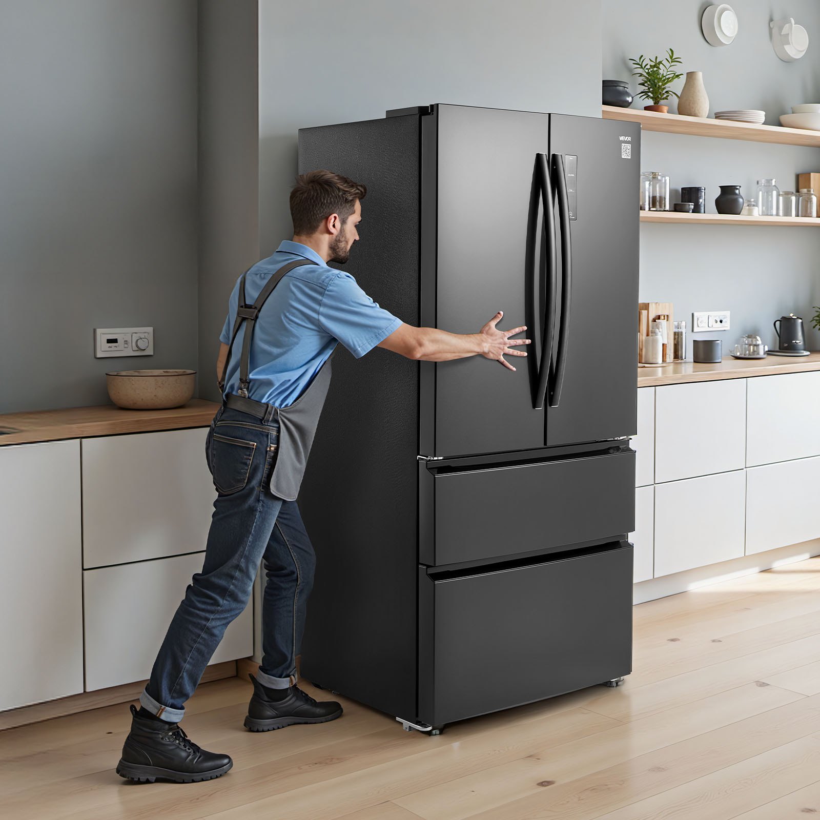 VEVOR French Door Refrigerator, 18.9 Cu. Ft. Kitchen Fridge, Counter Depth French Refrigerator with LED Display and 4 Casters, Frost-Free Bottom Freezer Refrigerators for Home & Commercial Use, Black