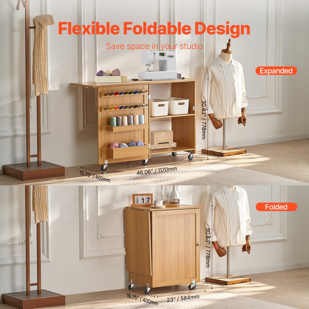 VEVOR Folding Sewing Table, Multipurpose Sewing Machine Table with Compact Design, Wheels, Shelves, Storage Trays, Wooden Pegs, and Magnetic Doors, Sewing Desk Cabinet for Sewing Machine, Wood Color