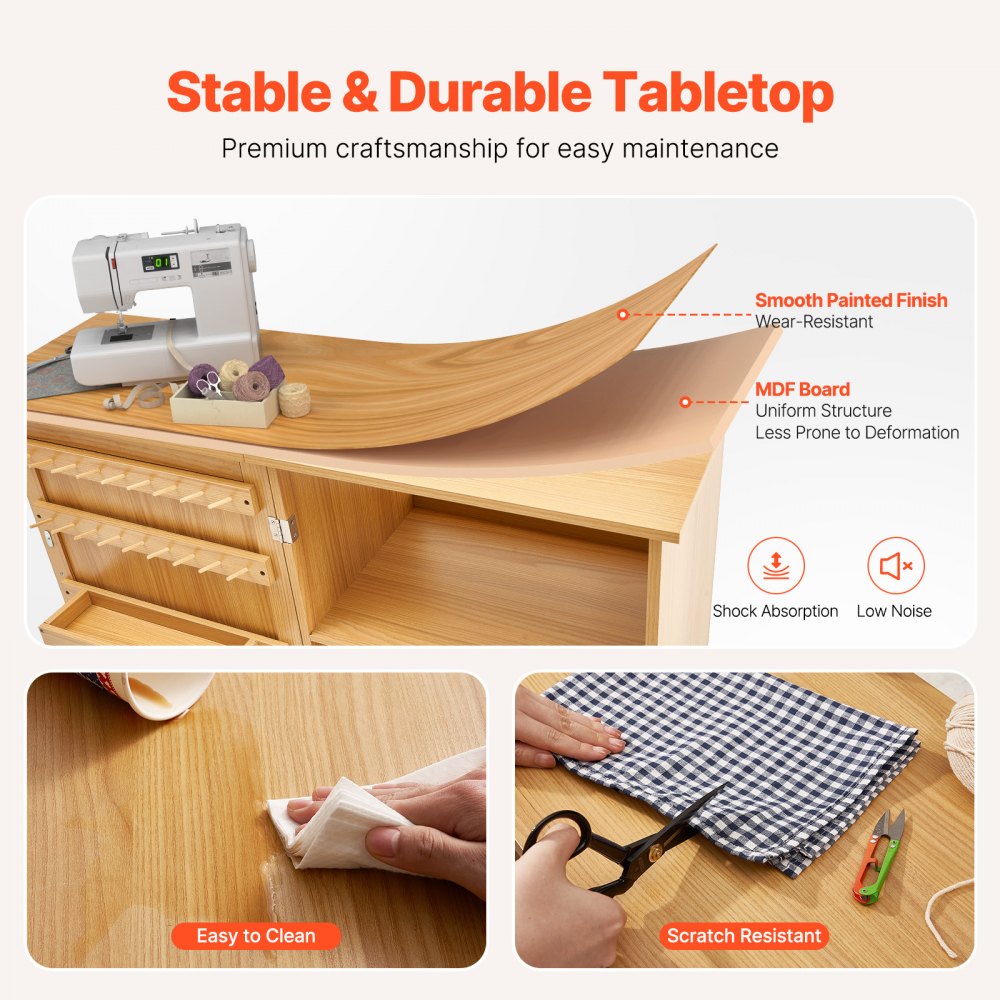 VEVOR Folding Sewing Table, Multipurpose Sewing Machine Table with Compact Design, Wheels, Shelves, Storage Trays, Wooden Pegs, and Magnetic Doors, Sewing Desk Cabinet for Sewing Machine, Wood Color