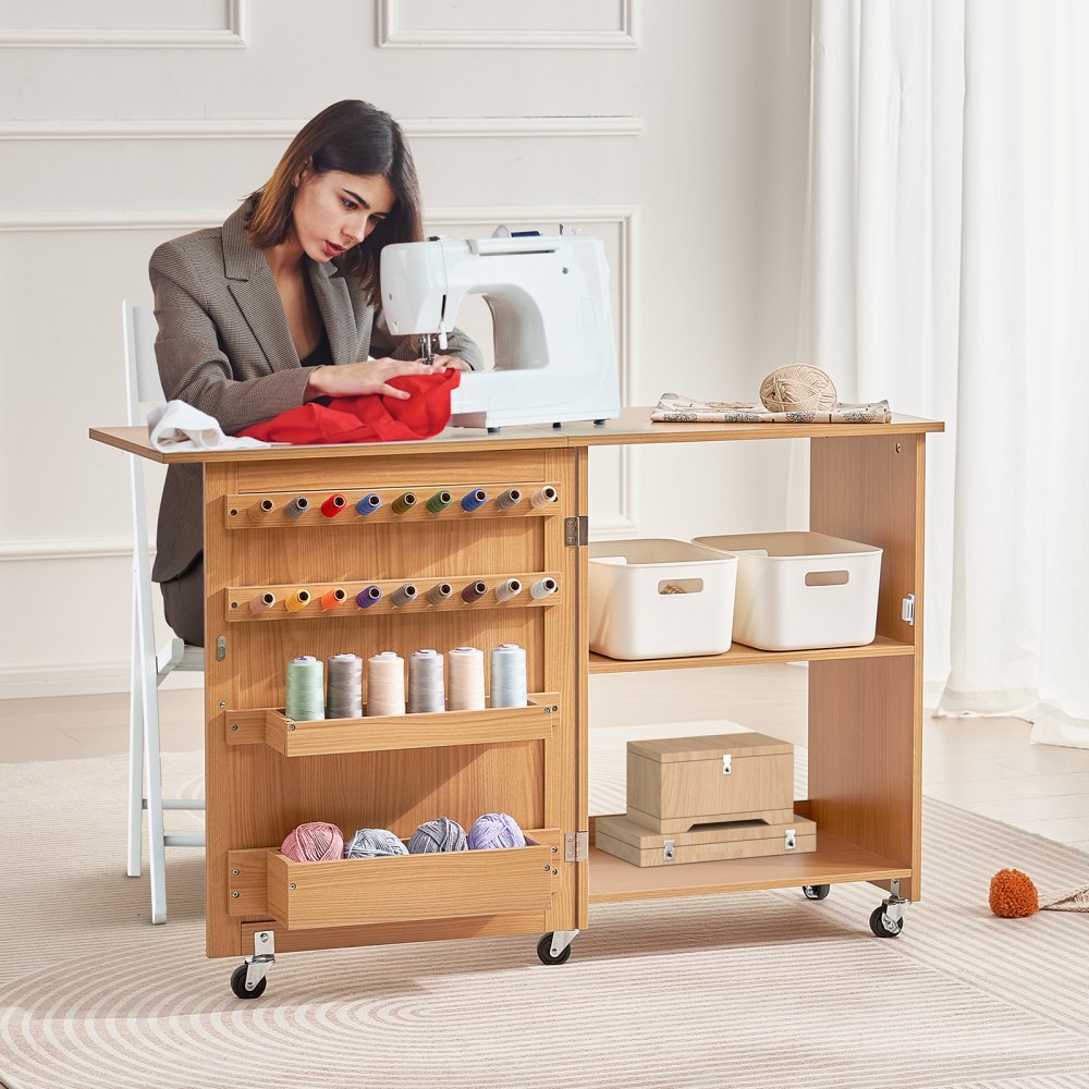 VEVOR Folding Sewing Table, Multipurpose Sewing Machine Table with Compact Design, Wheels, Shelves, Storage Trays, Wooden Pegs, and Magnetic Doors, Sewing Desk Cabinet for Sewing Machine, Wood Color