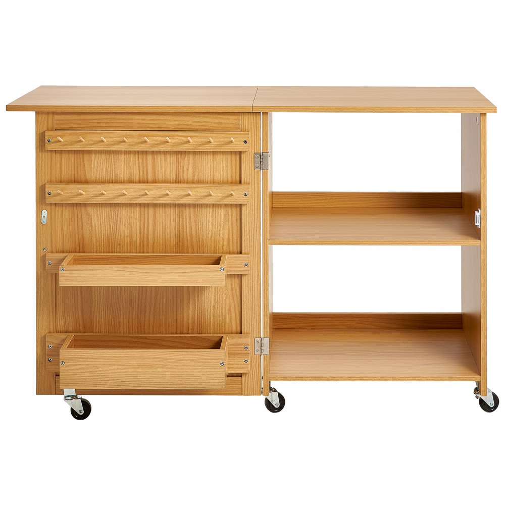 VEVOR Folding Sewing Table, Multipurpose Sewing Machine Table with Compact Design, Wheels, Shelves, Storage Trays, Wooden Pegs, and Magnetic Doors, Sewing Desk Cabinet for Sewing Machine, Wood Color
