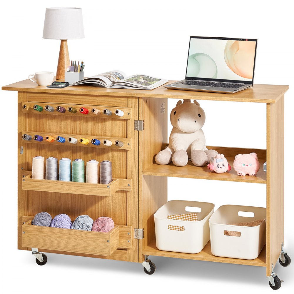 VEVOR Folding Sewing Table, Multipurpose Sewing Machine Table with Compact Design, Wheels, Shelves, Storage Trays, Wooden Pegs, and Magnetic Doors, Sewing Desk Cabinet for Sewing Machine, Wood Color
