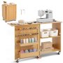 VEVOR Folding Sewing Table with Lockable Wheels Shelves Trays Door Wood Color