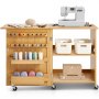 VEVOR Folding Sewing Table, Multipurpose Sewing Machine Table with Compact Design, Wheels, Shelves, Storage Trays, Wooden Pegs, and Magnetic Doors, Sewing Desk Cabinet for Sewing Machine, Wood Color