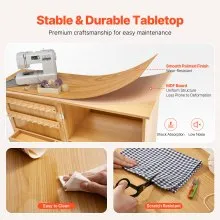Folding Sewing Table with Lockable Wheels Storage Shelves Trays Door Wood Color