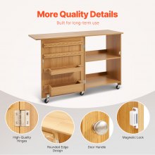 Folding Sewing Table with Lockable Wheels Storage Shelves Trays Door Wood Color