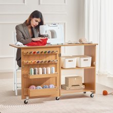 Folding Sewing Table with Lockable Wheels Storage Shelves Trays Door Wood Color