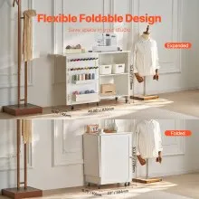 Folding Sewing Table with Lockable Wheels Storage Shelves Trays Door White
