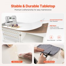 Folding Sewing Table with Lockable Wheels Storage Shelves Trays Door White