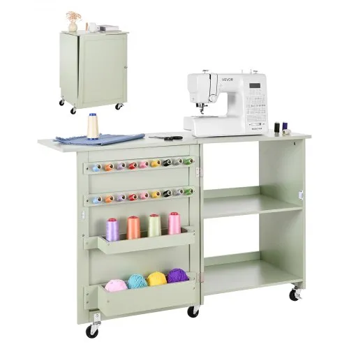 VEVOR Folding Sewing Table, Multipurpose Sewing Machine Table with Compact Design, Wheels, Wooden Pegs, Storage Trays and Shelf, Magnetic Door Lock, Craft Station and Side Desk for Home, Light Green
