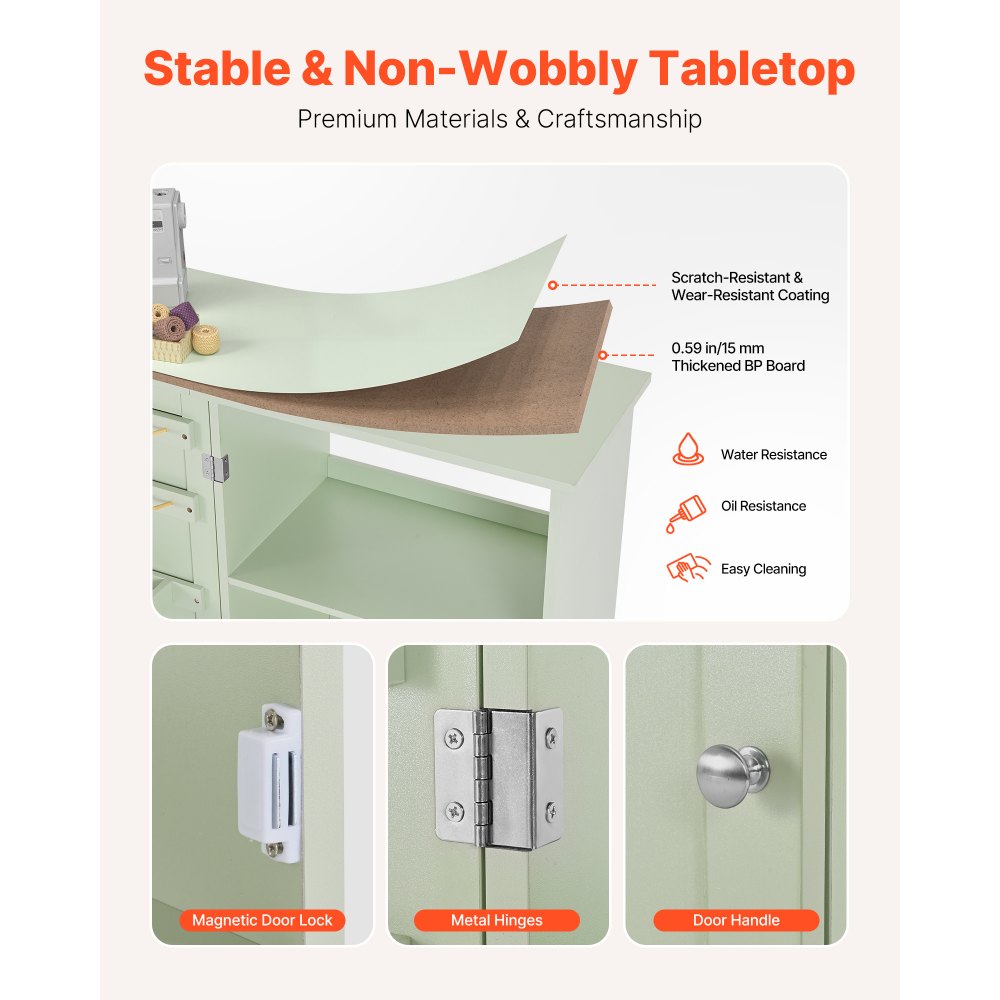 VEVOR Folding Sewing Table, Multipurpose Sewing Machine Table with Compact Design, Wheels, Wooden Pegs, Storage Trays and Shelf, Magnetic Door Lock, Craft Station and Side Desk for Home, Light Green
