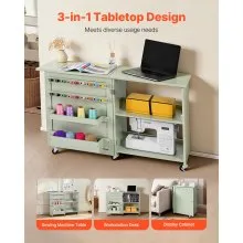 VEVOR Folding Sewing Table, Multipurpose Sewing Machine Table with Compact Design, Wheels, Wooden Pegs, Storage Trays and Shelf, Magnetic Door Lock, Craft Station and Side Desk for Home, Light Green