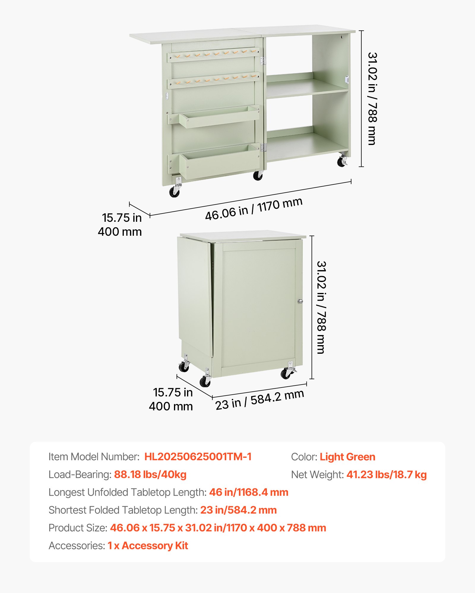 VEVOR Folding Sewing Table, Multipurpose Sewing Machine Table with Compact Design, Wheels, Wooden Pegs, Storage Trays and Shelf, Magnetic Door Lock, Craft Station and Side Desk for Home, Light Green