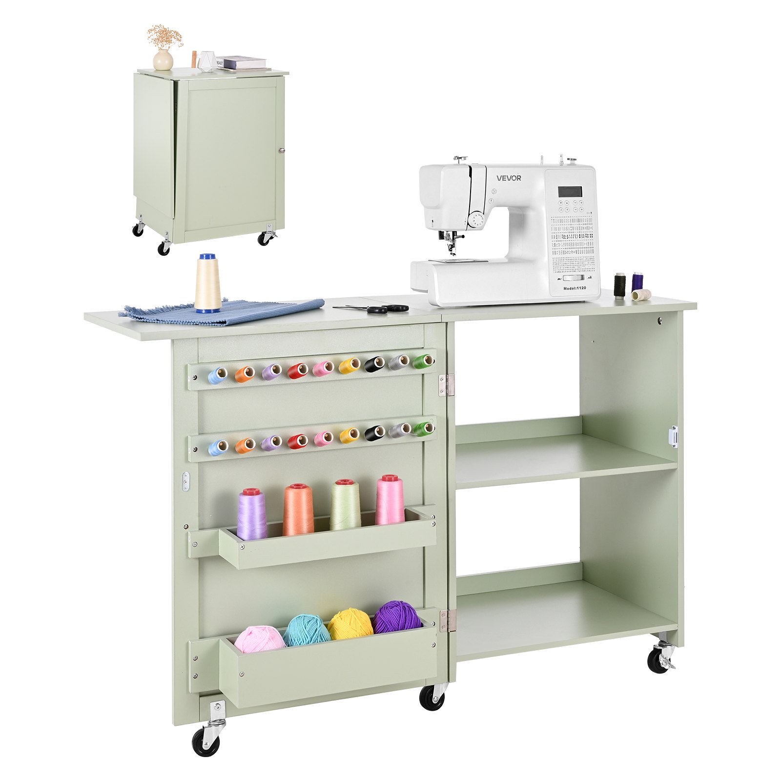 VEVOR Folding Sewing Table, Multipurpose Sewing Machine Table with Compact Design, Wheels, Wooden Pegs, Storage Trays and Shelf, Magnetic Door Lock, Craft Station and Side Desk for Home, Light Green