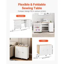 VEVOR Folding Sewing Table, Multipurpose Sewing Machine Table with Cabinet, Charging Station, Compact Design, Wheels, Wooden Pegs, Storage Trays and Shelf, Craft Station and Side Desk for Home