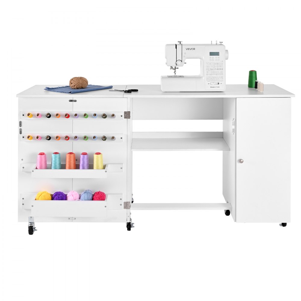 VEVOR Folding Sewing Table, Multipurpose Sewing Machine Table with Cabinet, Compact Design, Wheels, Wooden Pegs, Storage Trays and Shelf, Magnetic Door, Craft Station and Side Desk for Home, White