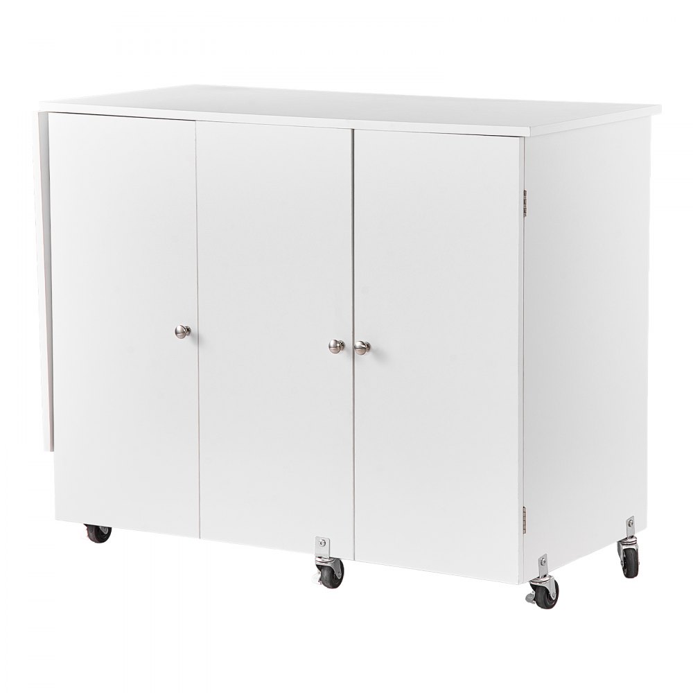 VEVOR Folding Sewing Table, Multipurpose Sewing Machine Table with Cabinet, Compact Design, Wheels, Wooden Pegs, Storage Trays and Shelf, Magnetic Door, Craft Station and Side Desk for Home, White