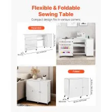 VEVOR Folding Sewing Table, Multipurpose Sewing Machine Table with Cabinet, Compact Design, Wheels, Wooden Pegs, Storage Trays and Shelf, Magnetic Door, Craft Station and Side Desk for Home, White