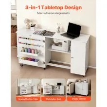 VEVOR Folding Sewing Table, Multipurpose Sewing Machine Table with Cabinet, Compact Design, Wheels, Wooden Pegs, Storage Trays and Shelf, Magnetic Door, Craft Station and Side Desk for Home, White