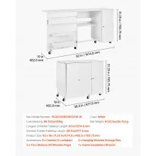 VEVOR Folding Sewing Table, Multipurpose Sewing Machine Table with Cabinet, Compact Design, Wheels, Wooden Pegs, Storage Trays and Shelf, Magnetic Door, Craft Station and Side Desk for Home, White