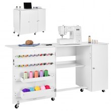 VEVOR Folding Sewing Table, Multipurpose Sewing Machine Table with Cabinet, Compact Design, Wheels, Wooden Pegs, Storage Trays and Shelf, Magnetic Door, Craft Station and Side Desk for Home, White