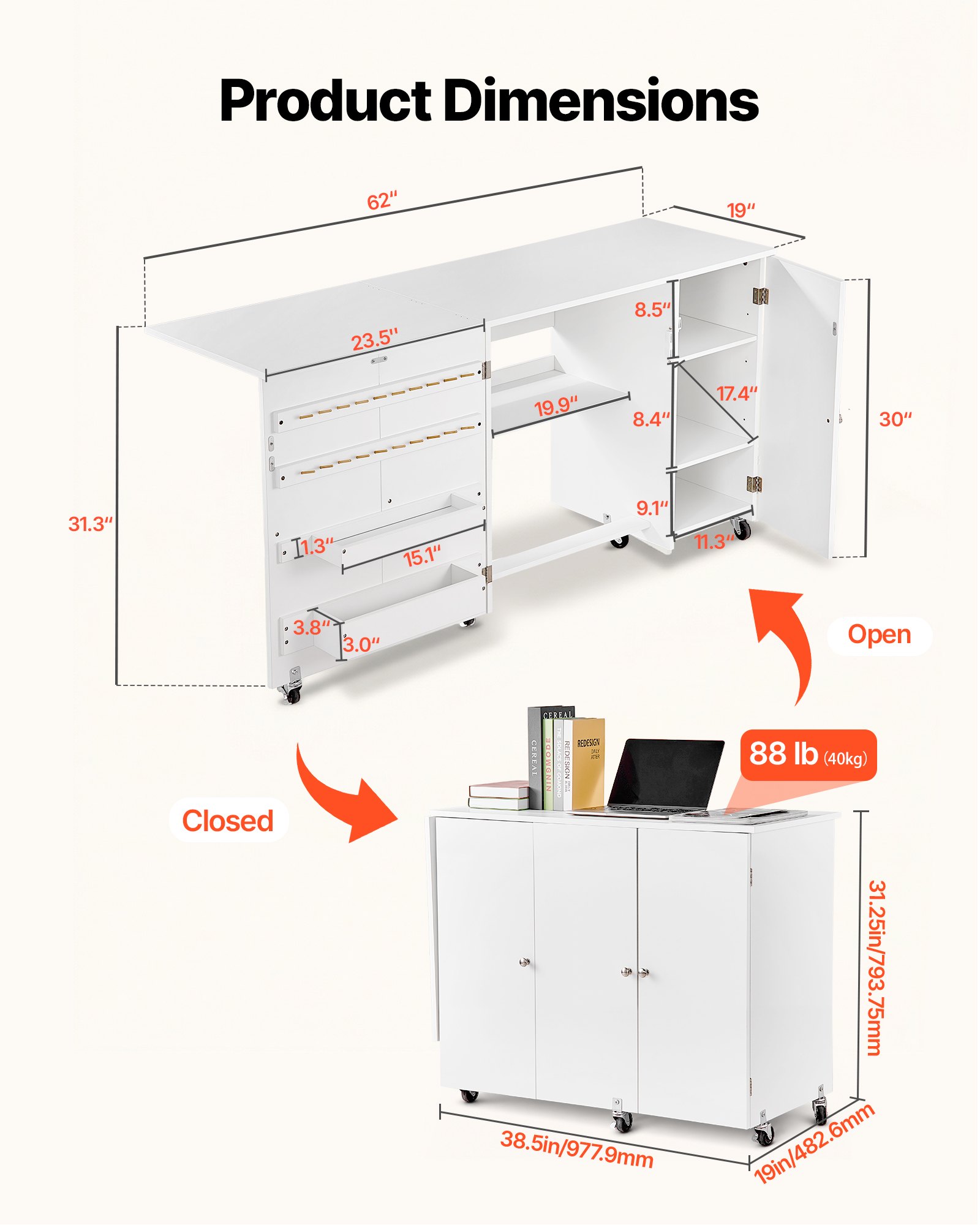 VEVOR Folding Sewing Table, Multipurpose Sewing Machine Table with Cabinet, Compact Design, Wheels, Wooden Pegs, Storage Trays and Shelf, Magnetic Door, Craft Station and Side Desk for Home, White