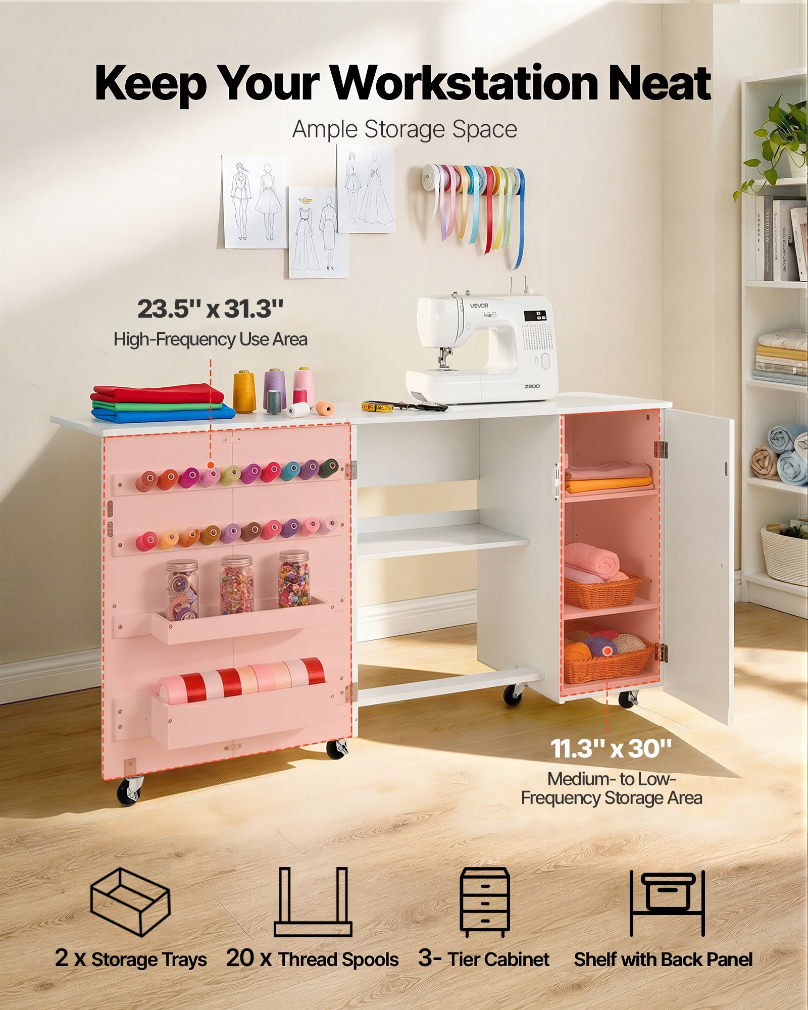 VEVOR Folding Sewing Table, Multipurpose Sewing Machine Table with Cabinet, Compact Design, Wheels, Wooden Pegs, Storage Trays and Shelf, Magnetic Door, Craft Station and Side Desk for Home, White