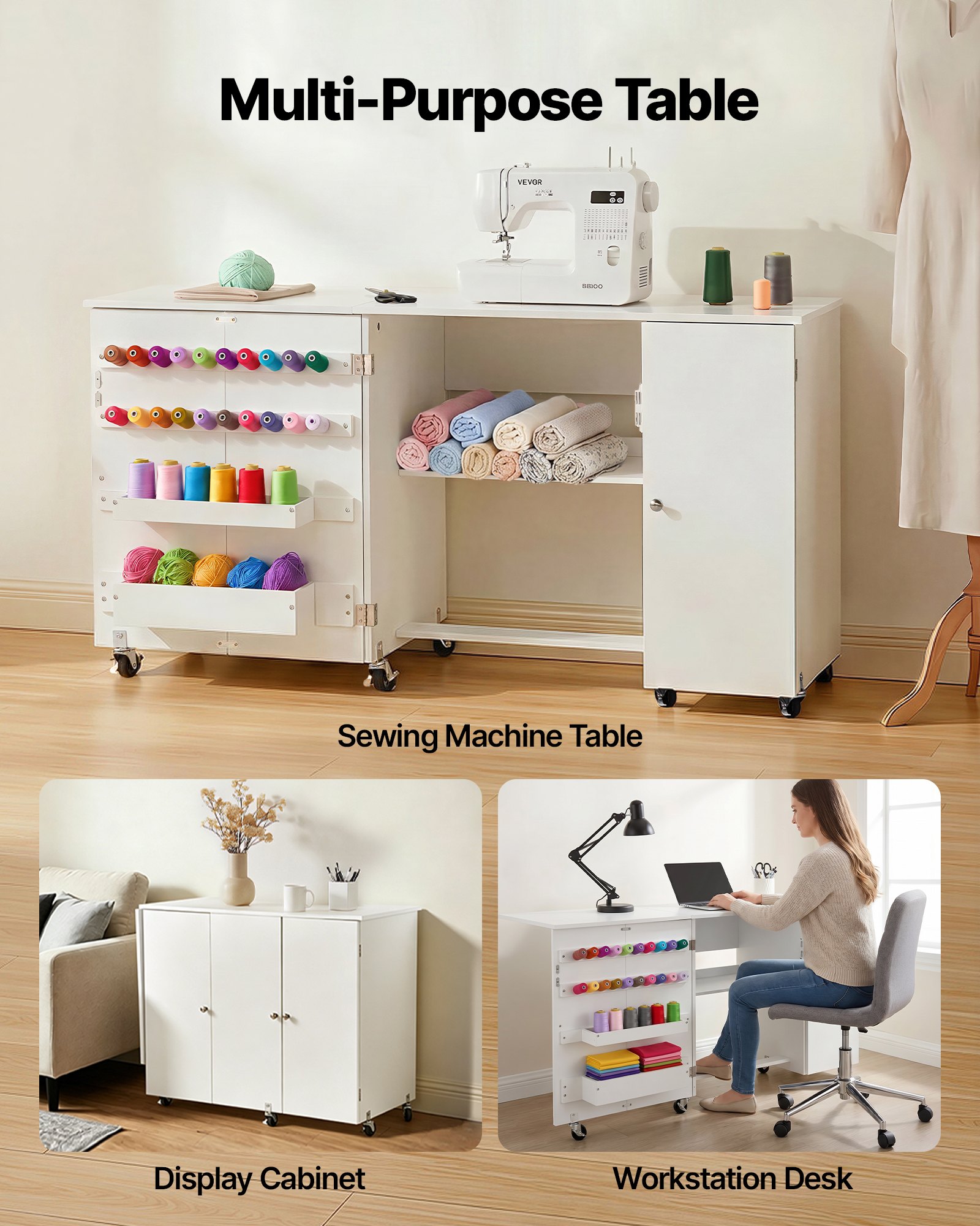 VEVOR Folding Sewing Table, Multipurpose Sewing Machine Table with Cabinet, Compact Design, Wheels, Wooden Pegs, Storage Trays and Shelf, Magnetic Door, Craft Station and Side Desk for Home, White