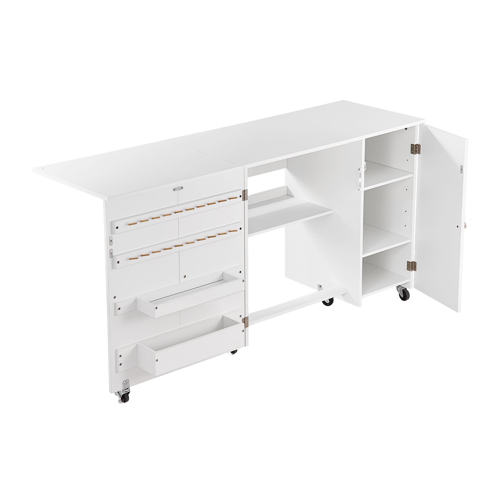 VEVOR Folding Sewing Table, Multipurpose Sewing Machine Table with Cabinet, Compact Design, Wheels, Wooden Pegs, Storage Trays and Shelf, Magnetic Door, Craft Station and Side Desk for Home, White