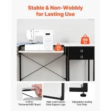 VEVOR Sewing Table, Multipurpose Sewing Machine Table with Drawers, Foldable Side Shelf, Adjustable Shelf, Steel Legs, Computer Desk for Home, Fashion Studio, Art Studio, Educational Institution