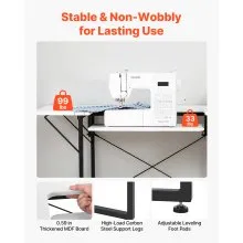 VEVOR Sewing Table, Multipurpose Sewing Machine Table with Foldable Side Shelf, Adjustable Shelf, Steel Legs, Computer Desk for Home, Fashion Studio, Art Studio, Educational Institution, White