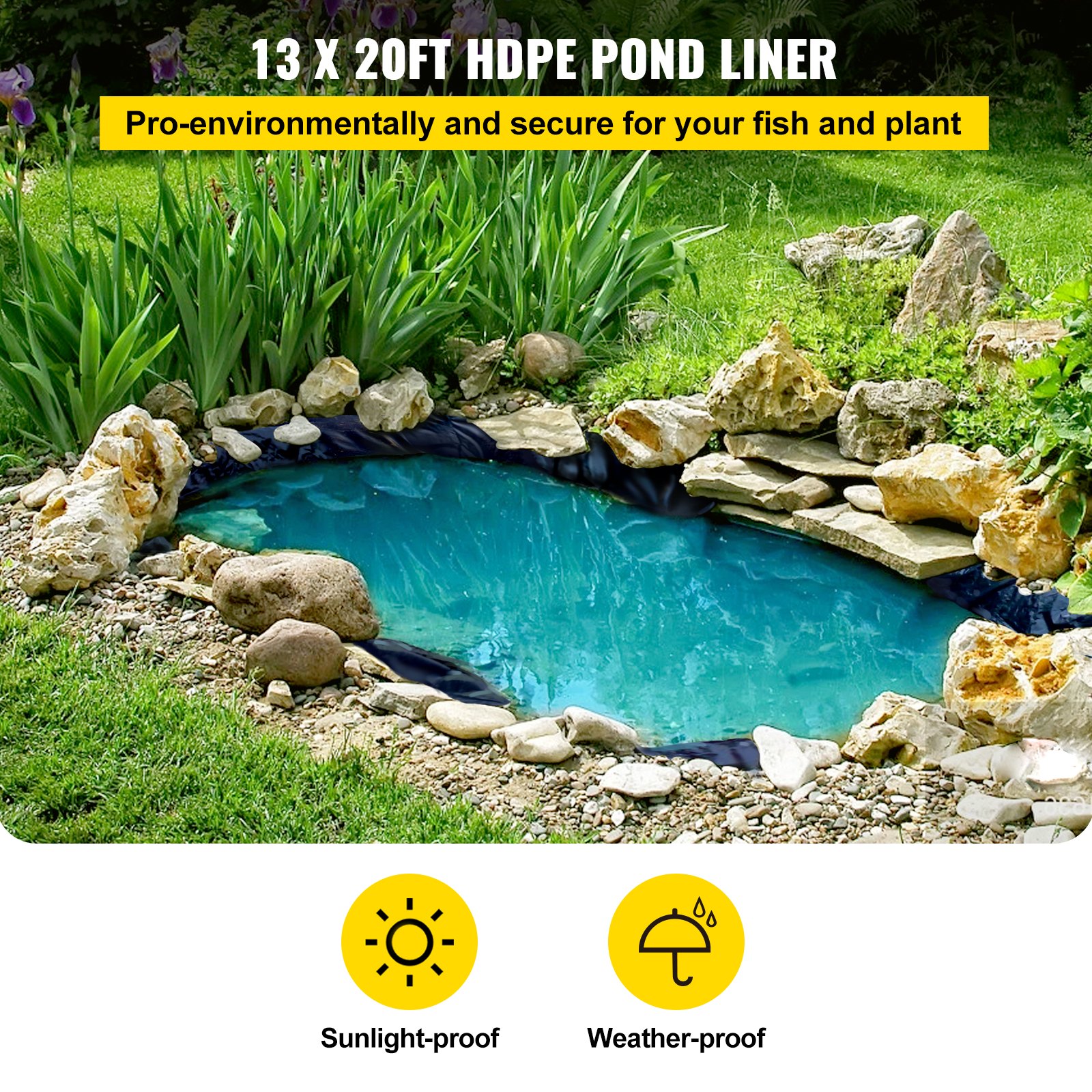 VEVOR Pond Liner, 13x20 ft, 20 Mil Pond Liners for Outdoor Ponds, HDPE Pond Underlayment for Fountain, Small Pond, Fishpond, Waterfall, Water Garden, Black