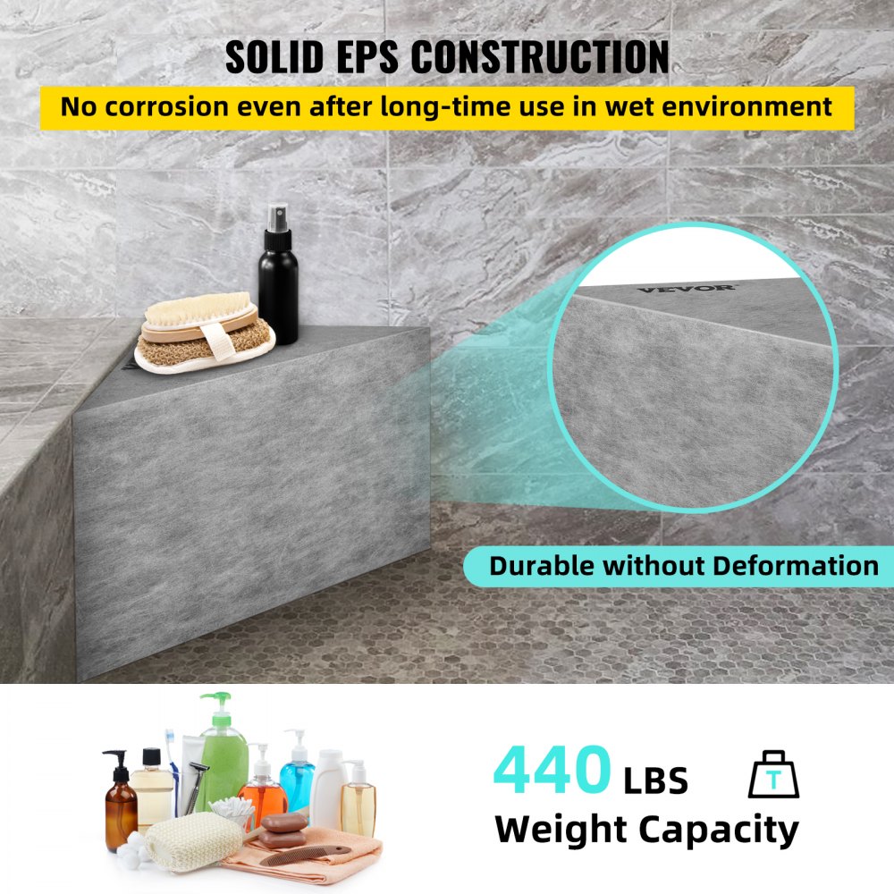 VEVOR tile shower seat with solid eps construction, durable without deformation, 440 lbs weight capacity.