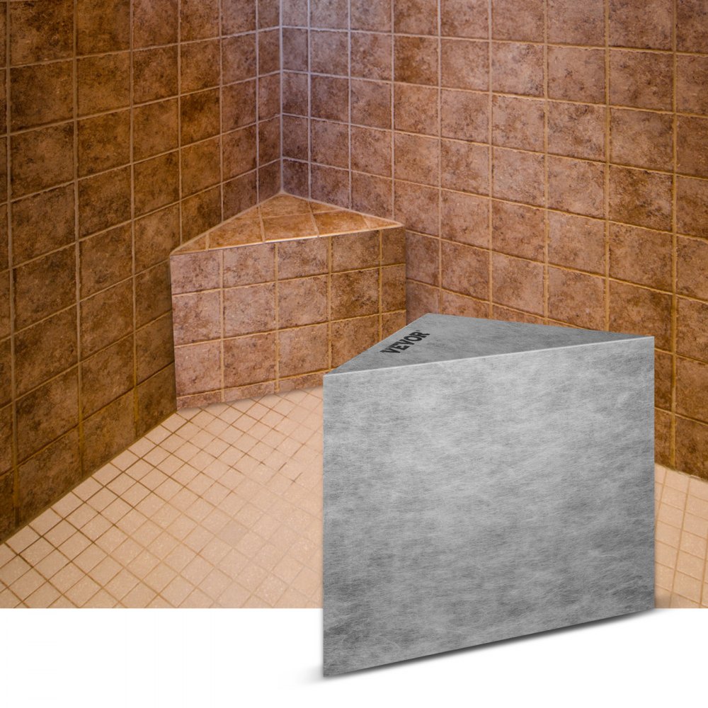 VEVOR tile shower seat in a tiled corner shower with brown walls and beige floor tiles.