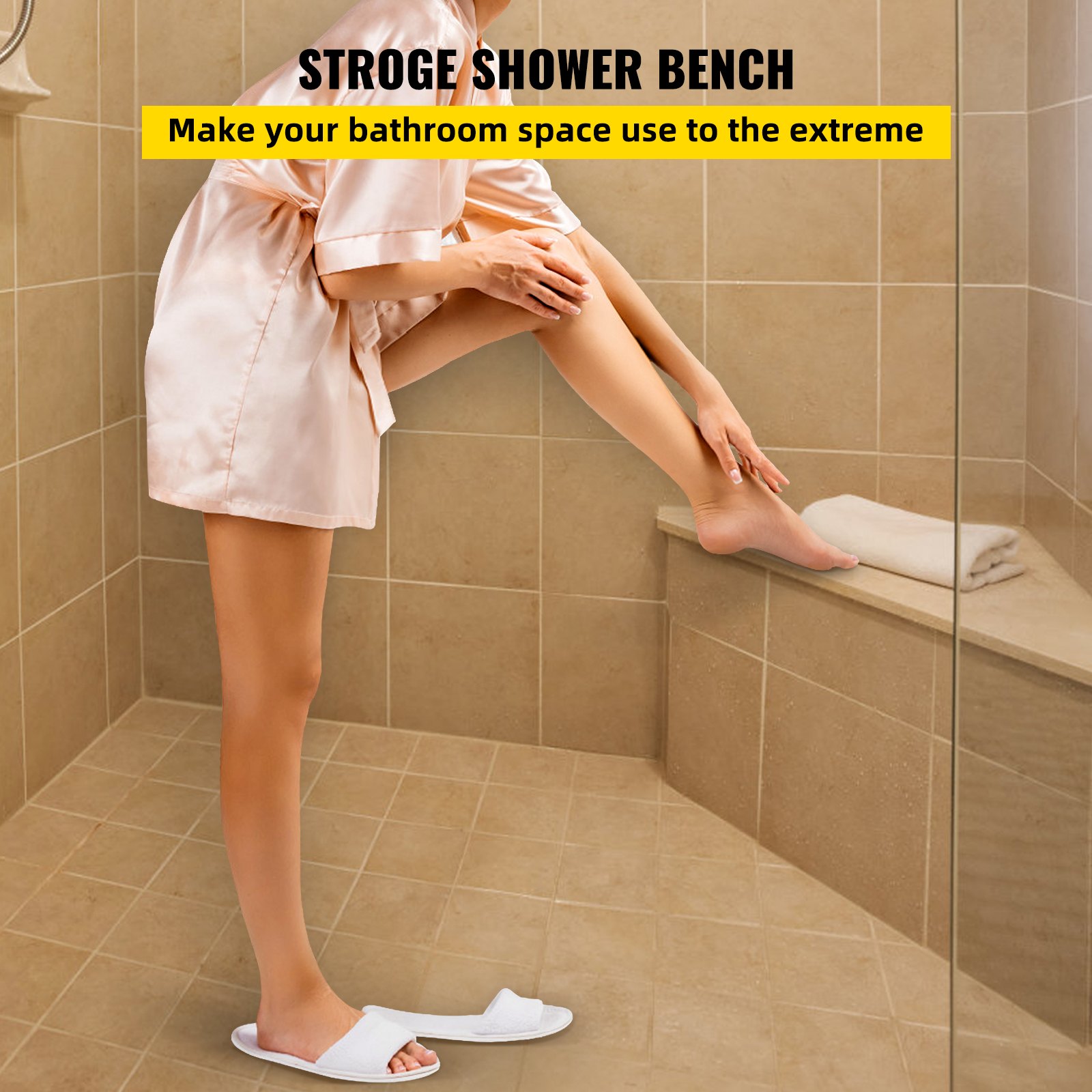 woman using VEVOR tile shower seat in beige-tiled bathroom with shower bench and towel.