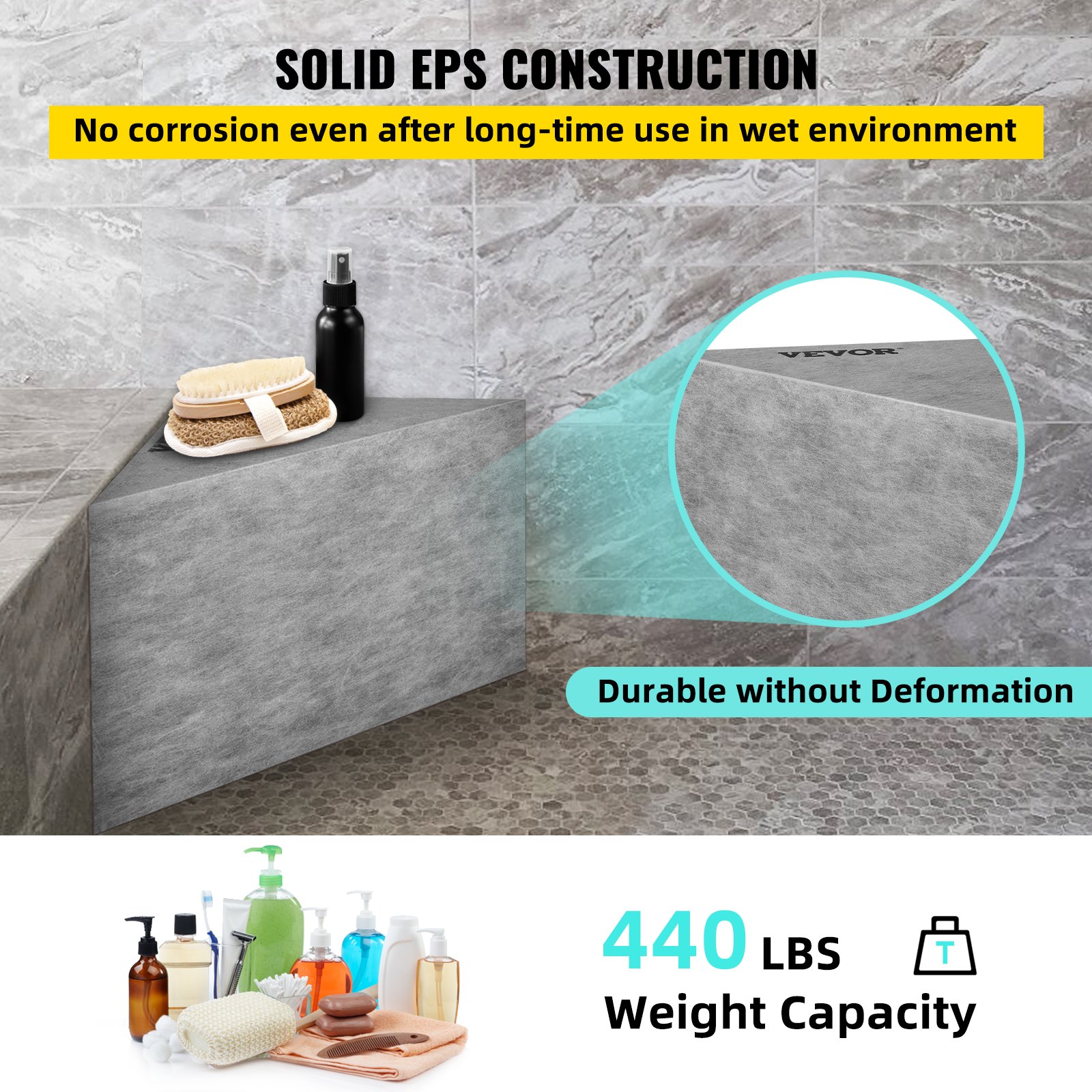 VEVOR tile shower seat with solid eps construction, durable without deformation, 440 lbs weight capacity.