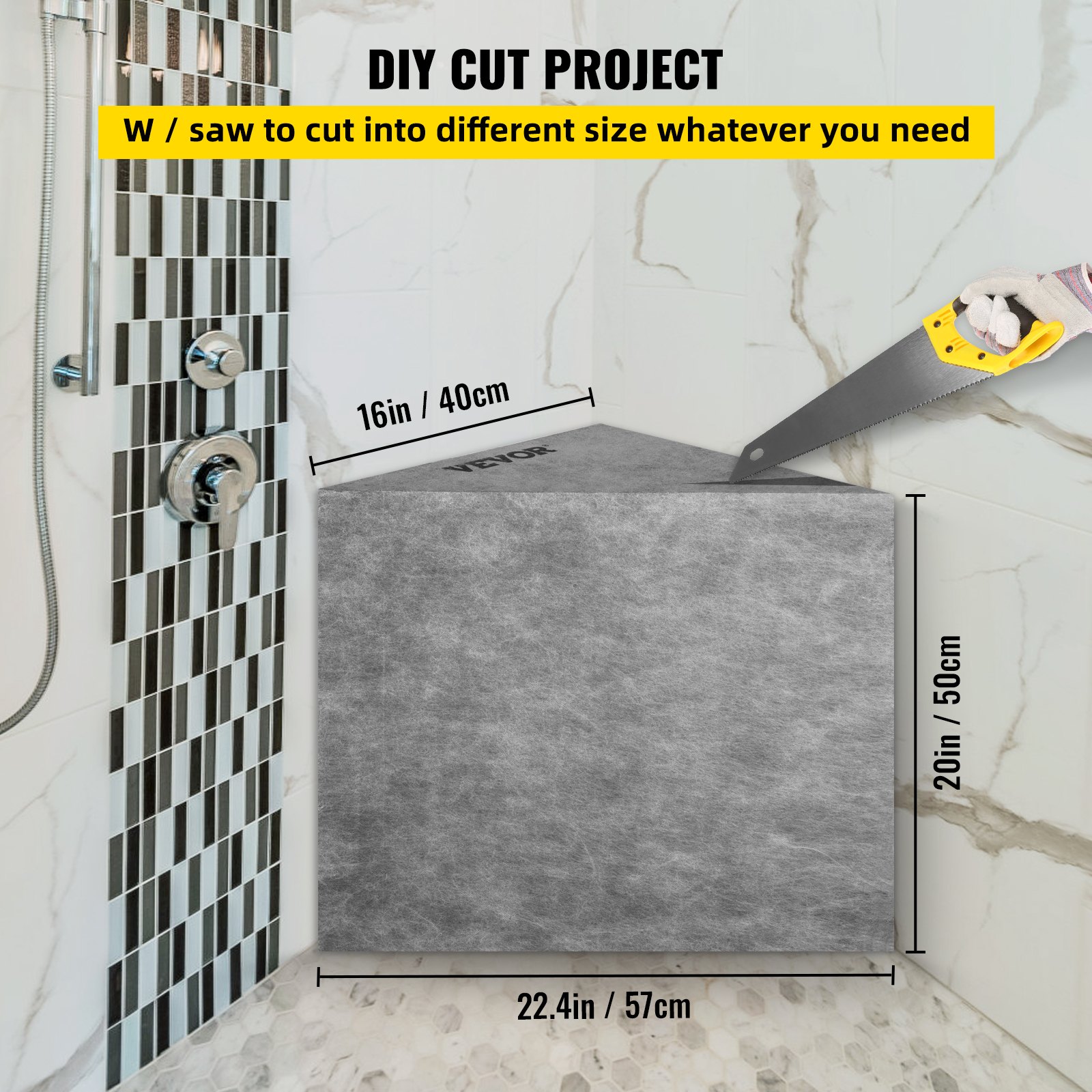 diy cut project with VEVOR tile shower seat, gray block, measuring 16x20x22.4 inches, hand sawing.