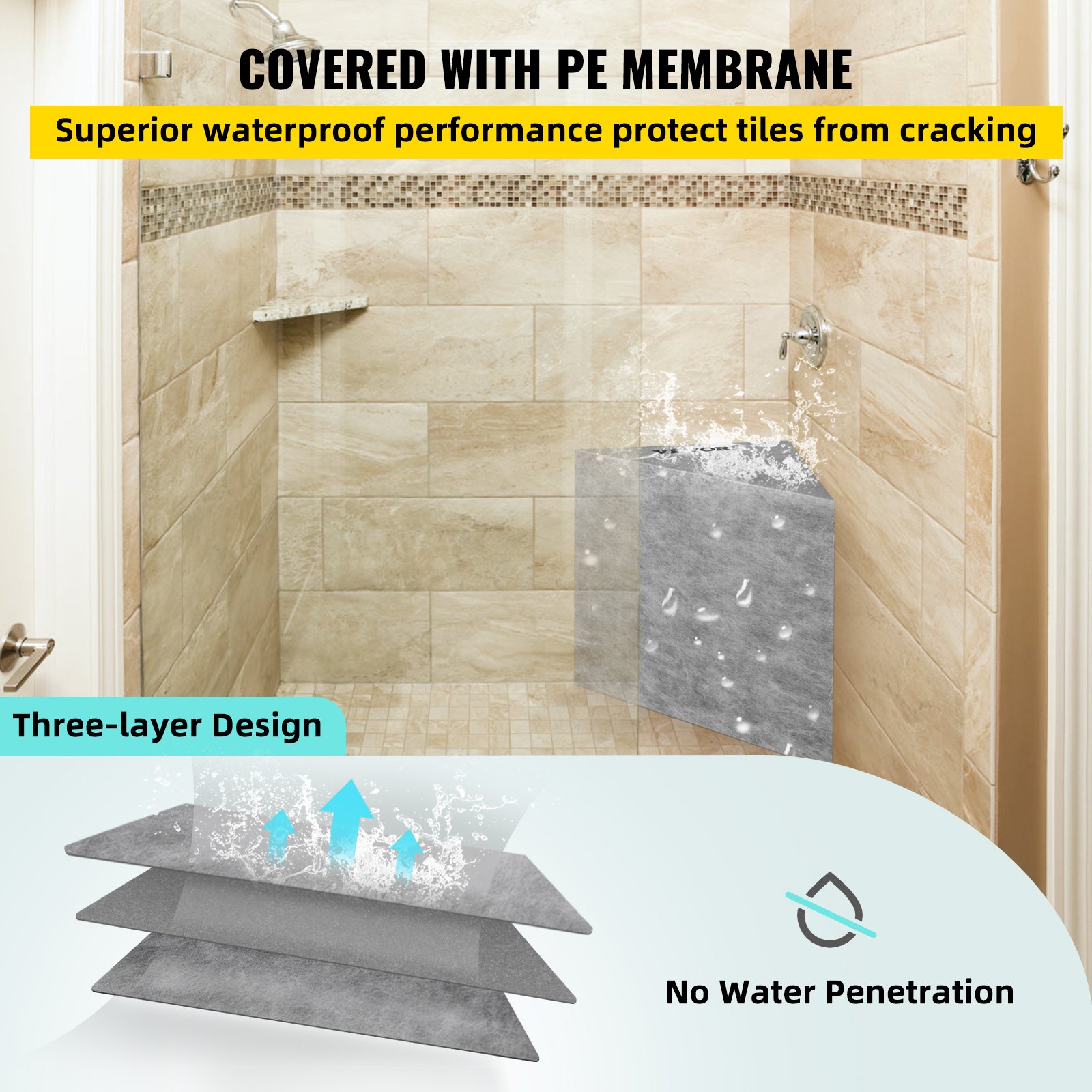 tile shower with VEVOR tile shower seat featuring pe membrane, enhanced waterproofing, and three-layer design.